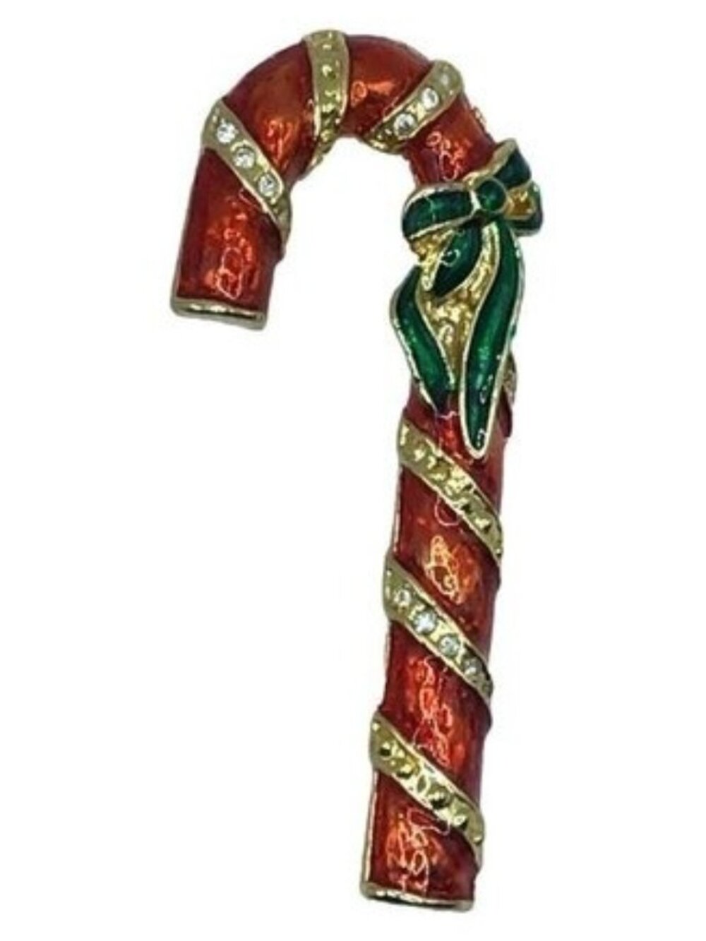 Vintage Christmas Candy Cane Brooch Pin Red Green Bow Rhinestone Stripe